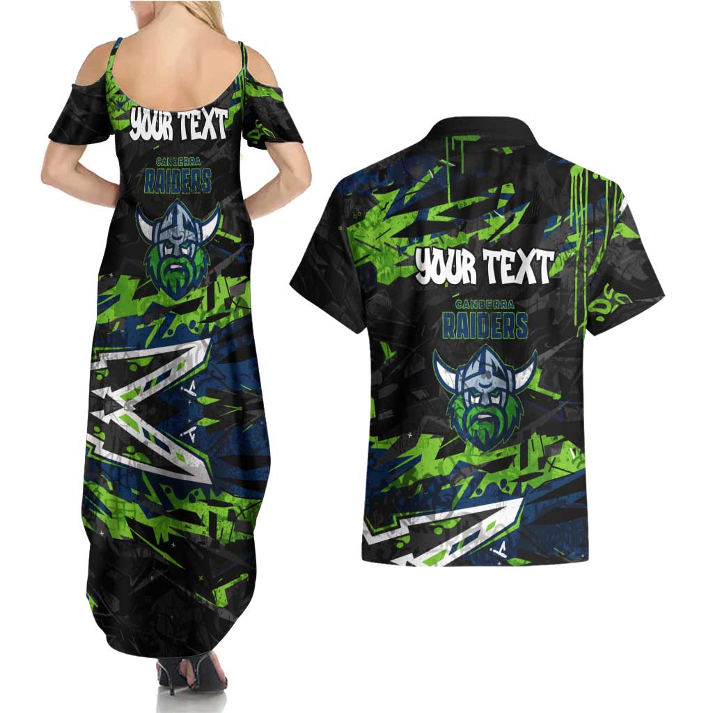 Personalized Canberra Raiders Couples Matching Summer Maxi Dress and Hawaiian Shirt Graffiti Grunge Abstract Urban Street Style Design