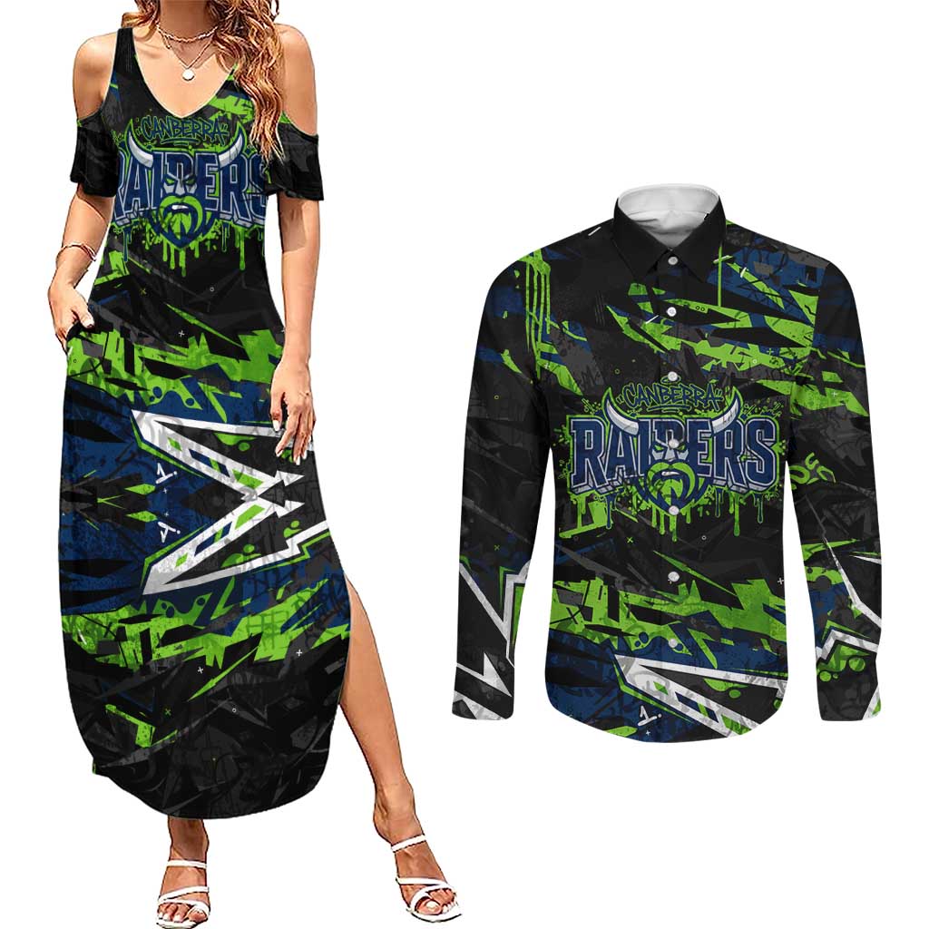 Personalized Canberra Raiders Couples Matching Summer Maxi Dress and Long Sleeve Button Shirt Graffiti Grunge Abstract Urban Street Style Design