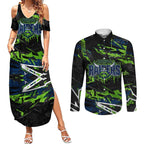 Personalized Canberra Raiders Couples Matching Summer Maxi Dress and Long Sleeve Button Shirt Graffiti Grunge Abstract Urban Street Style Design