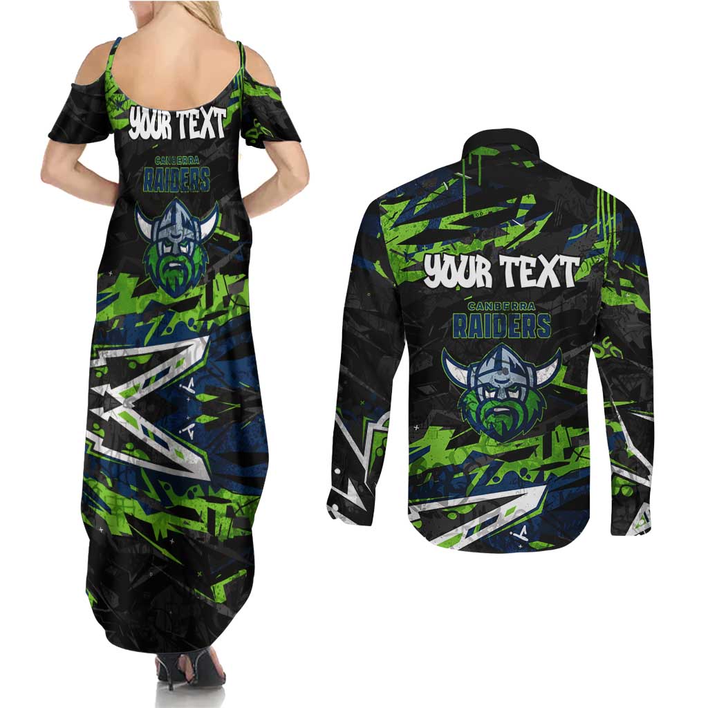Personalized Canberra Raiders Couples Matching Summer Maxi Dress and Long Sleeve Button Shirt Graffiti Grunge Abstract Urban Street Style Design
