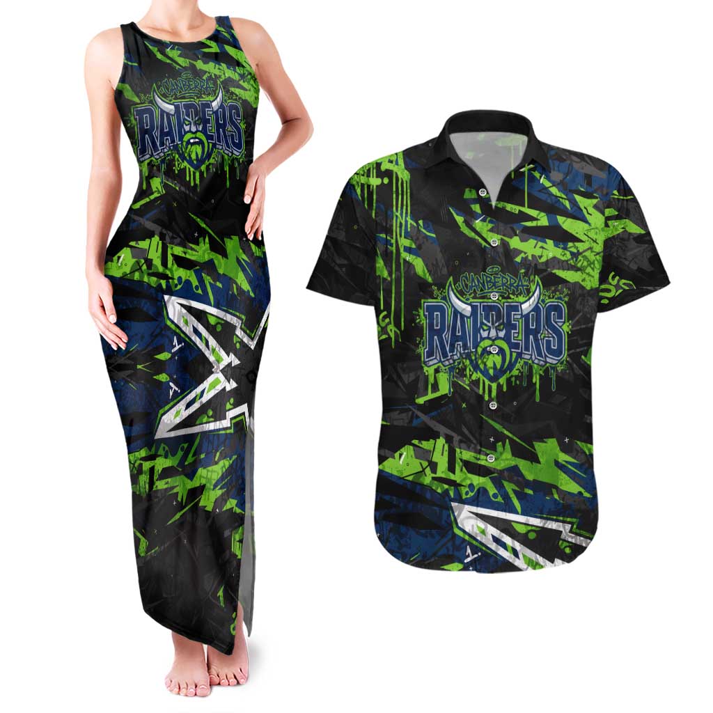 Personalized Canberra Raiders Couples Matching Tank Maxi Dress and Hawaiian Shirt Graffiti Grunge Abstract Urban Street Style Design