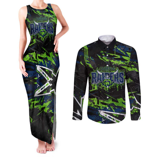 Personalized Canberra Raiders Couples Matching Tank Maxi Dress and Long Sleeve Button Shirt Graffiti Grunge Abstract Urban Street Style Design