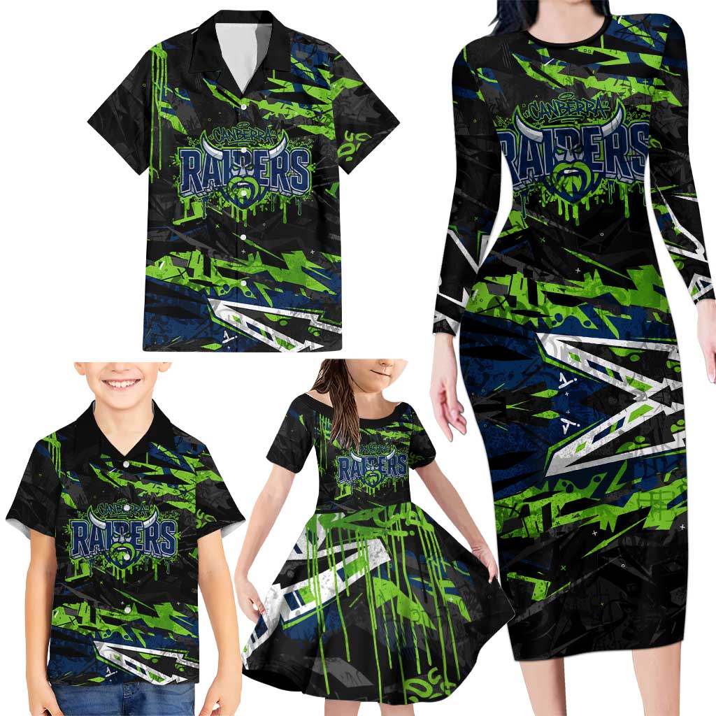 Personalized Canberra Raiders Family Matching Long Sleeve Bodycon Dress and Hawaiian Shirt Graffiti Grunge Abstract Urban Street Style Design