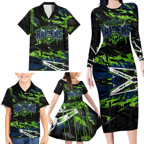 Personalized Canberra Raiders Family Matching Long Sleeve Bodycon Dress and Hawaiian Shirt Graffiti Grunge Abstract Urban Street Style Design