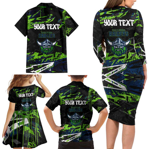 Personalized Canberra Raiders Family Matching Long Sleeve Bodycon Dress and Hawaiian Shirt Graffiti Grunge Abstract Urban Street Style Design