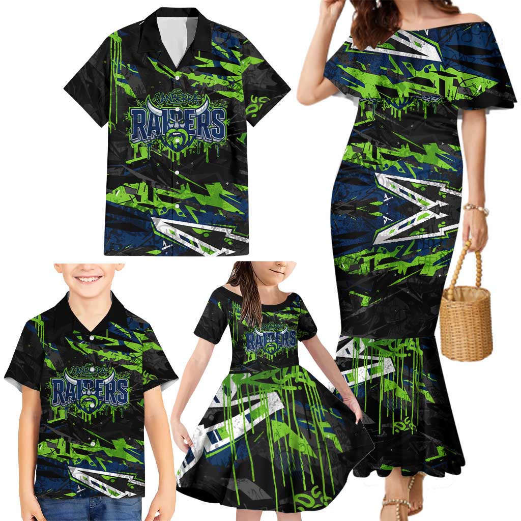 Personalized Canberra Raiders Family Matching Mermaid Dress and Hawaiian Shirt Graffiti Grunge Abstract Urban Street Style Design