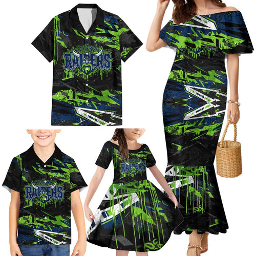 Personalized Canberra Raiders Family Matching Mermaid Dress and Hawaiian Shirt Graffiti Grunge Abstract Urban Street Style Design