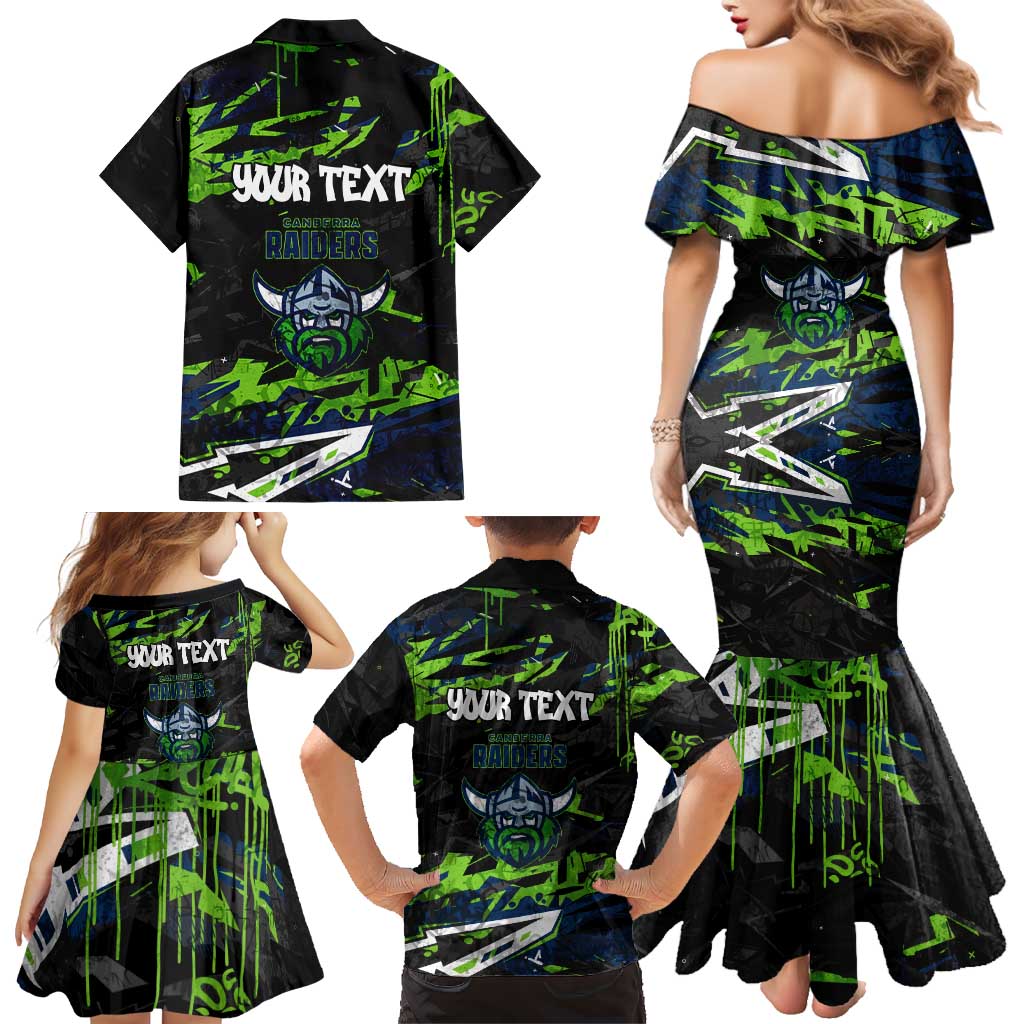 Personalized Canberra Raiders Family Matching Mermaid Dress and Hawaiian Shirt Graffiti Grunge Abstract Urban Street Style Design