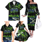 Personalized Canberra Raiders Family Matching Off The Shoulder Long Sleeve Dress and Hawaiian Shirt Graffiti Grunge Abstract Urban Street Style Design
