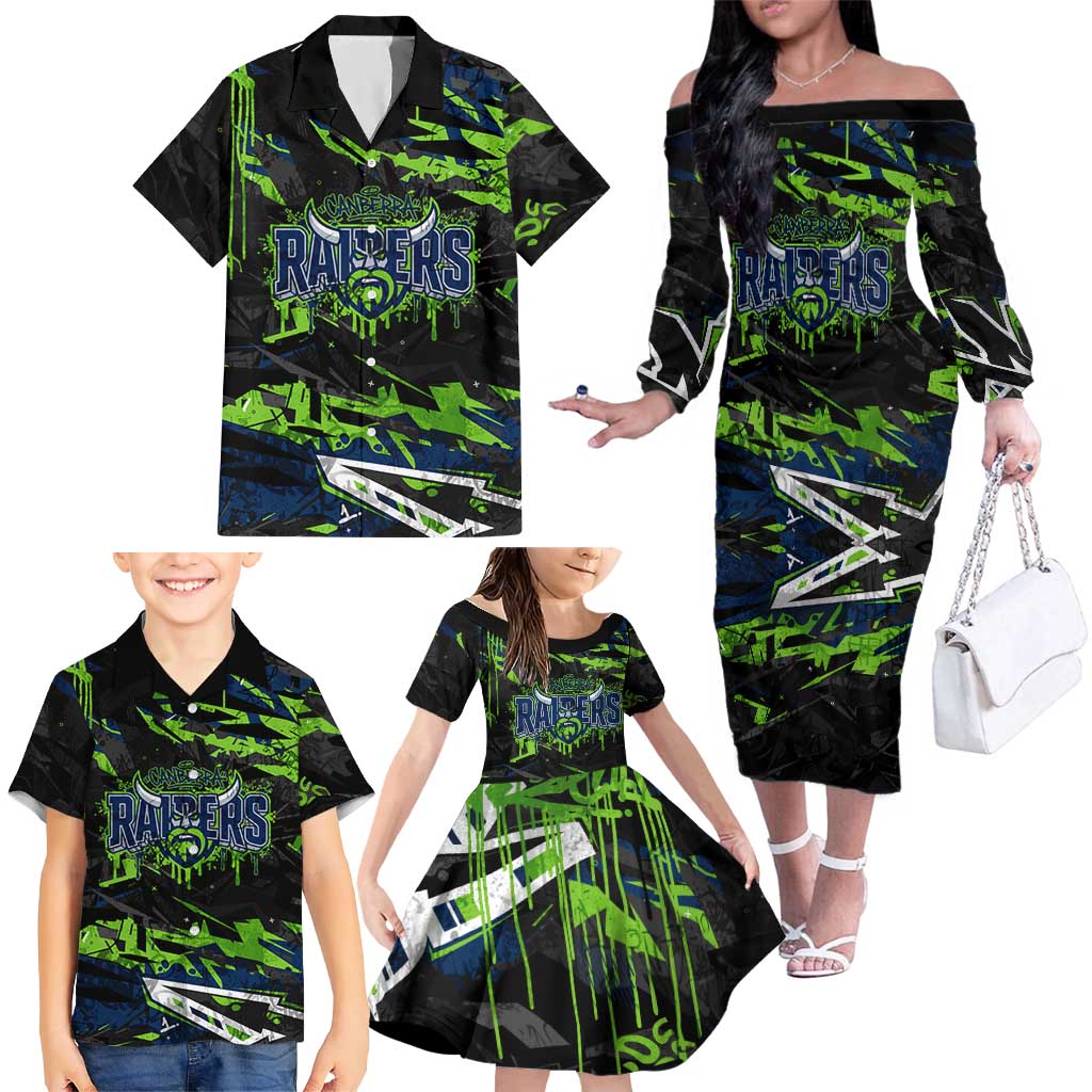 Personalized Canberra Raiders Family Matching Off The Shoulder Long Sleeve Dress and Hawaiian Shirt Graffiti Grunge Abstract Urban Street Style Design