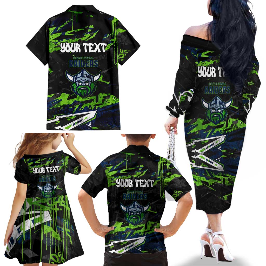 Personalized Canberra Raiders Family Matching Off The Shoulder Long Sleeve Dress and Hawaiian Shirt Graffiti Grunge Abstract Urban Street Style Design