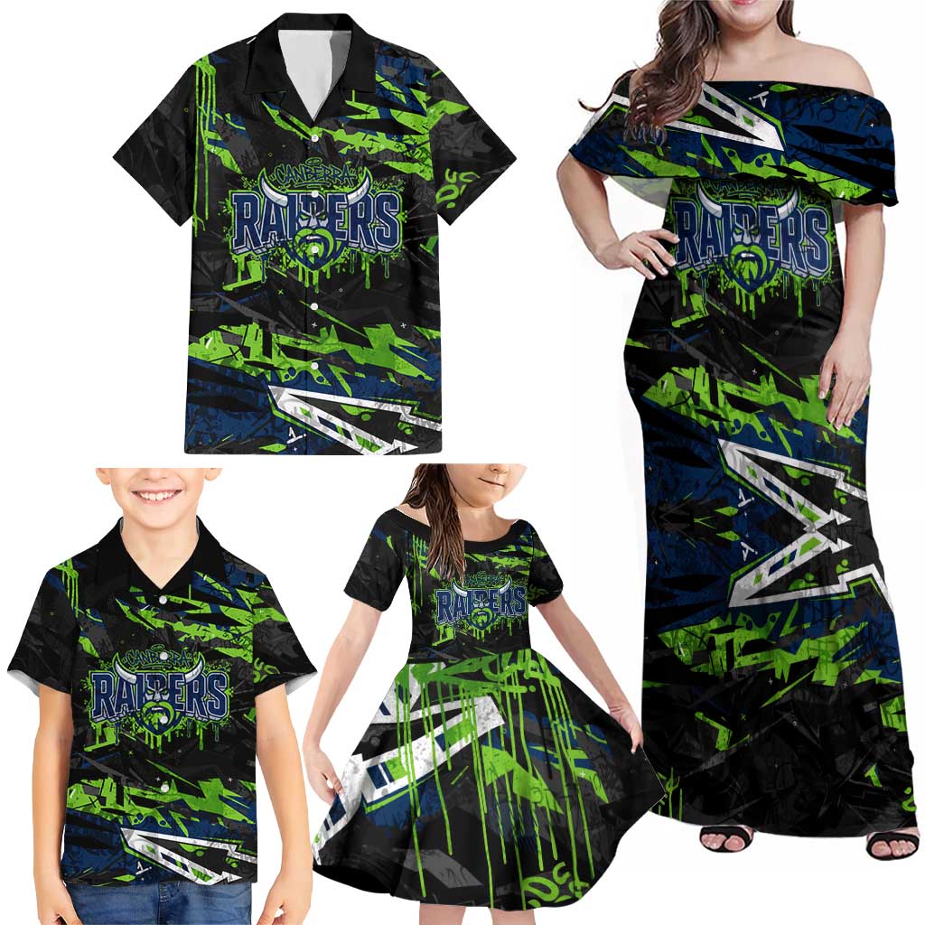 Personalized Canberra Raiders Family Matching Off Shoulder Maxi Dress and Hawaiian Shirt Graffiti Grunge Abstract Urban Street Style Design