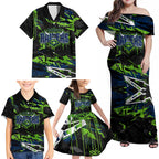 Personalized Canberra Raiders Family Matching Off Shoulder Maxi Dress and Hawaiian Shirt Graffiti Grunge Abstract Urban Street Style Design