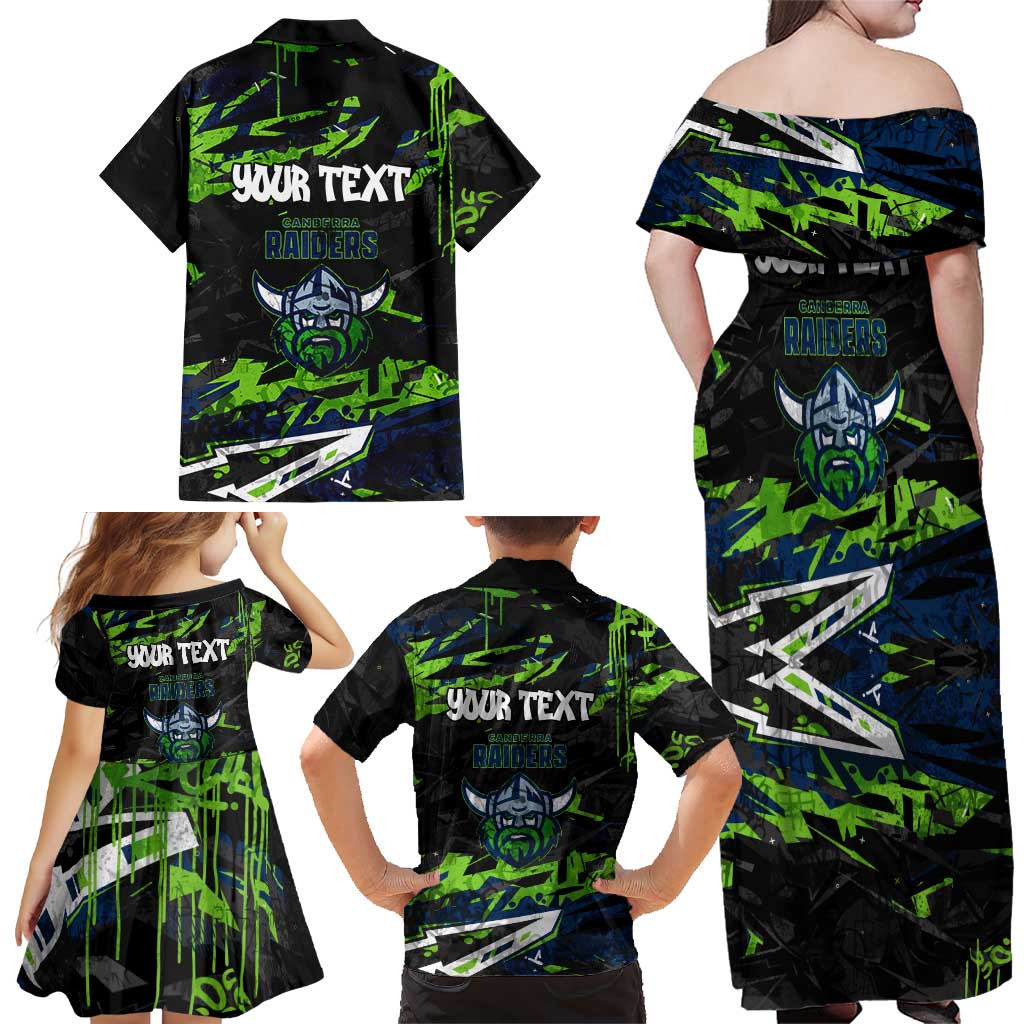 Personalized Canberra Raiders Family Matching Off Shoulder Maxi Dress and Hawaiian Shirt Graffiti Grunge Abstract Urban Street Style Design