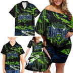 Personalized Canberra Raiders Family Matching Off Shoulder Short Dress and Hawaiian Shirt Graffiti Grunge Abstract Urban Street Style Design