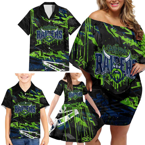 Personalized Canberra Raiders Family Matching Off Shoulder Short Dress and Hawaiian Shirt Graffiti Grunge Abstract Urban Street Style Design
