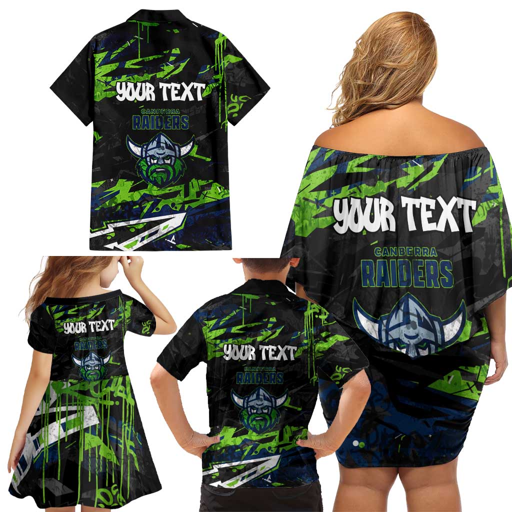 Personalized Canberra Raiders Family Matching Off Shoulder Short Dress and Hawaiian Shirt Graffiti Grunge Abstract Urban Street Style Design