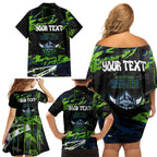 Personalized Canberra Raiders Family Matching Off Shoulder Short Dress and Hawaiian Shirt Graffiti Grunge Abstract Urban Street Style Design