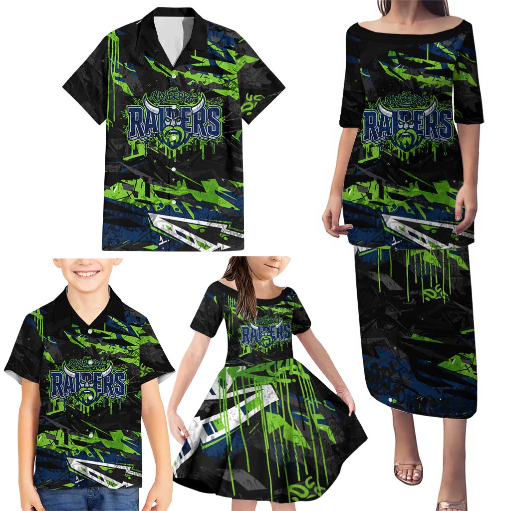 Personalized Canberra Raiders Family Matching Puletasi and Hawaiian Shirt Graffiti Grunge Abstract Urban Street Style Design