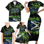 Personalized Canberra Raiders Family Matching Short Sleeve Bodycon Dress and Hawaiian Shirt Graffiti Grunge Abstract Urban Street Style Design