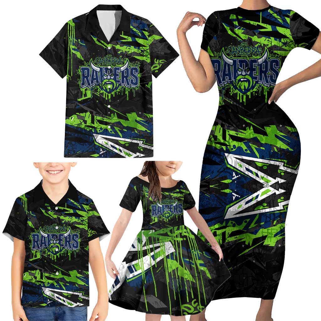 Personalized Canberra Raiders Family Matching Short Sleeve Bodycon Dress and Hawaiian Shirt Graffiti Grunge Abstract Urban Street Style Design