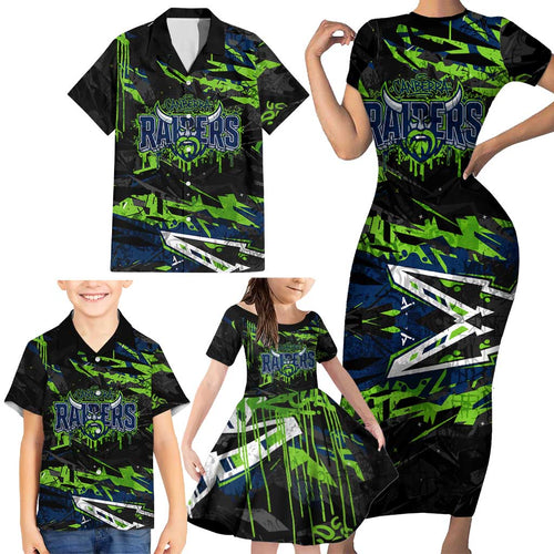 Personalized Canberra Raiders Family Matching Short Sleeve Bodycon Dress and Hawaiian Shirt Graffiti Grunge Abstract Urban Street Style Design