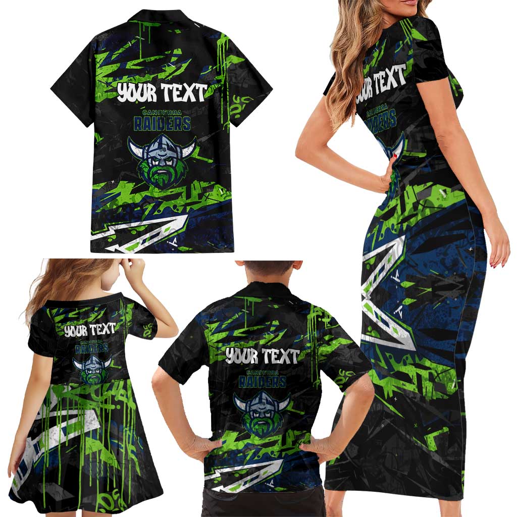 Personalized Canberra Raiders Family Matching Short Sleeve Bodycon Dress and Hawaiian Shirt Graffiti Grunge Abstract Urban Street Style Design