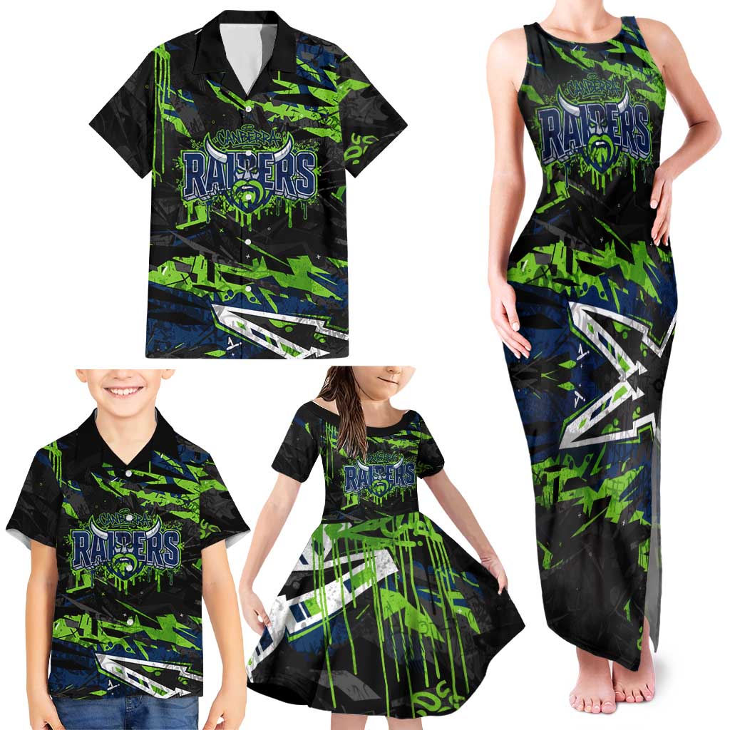 Personalized Canberra Raiders Family Matching Tank Maxi Dress and Hawaiian Shirt Graffiti Grunge Abstract Urban Street Style Design