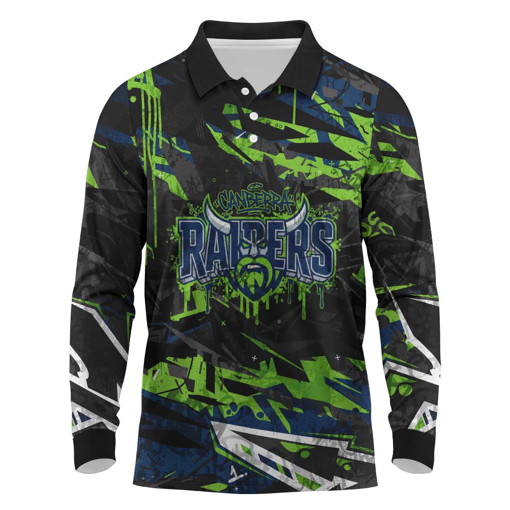 Personalized Canberra Raiders Long Sleeve Polo Shirt Graffiti Grunge Abstract Urban Street Style Design