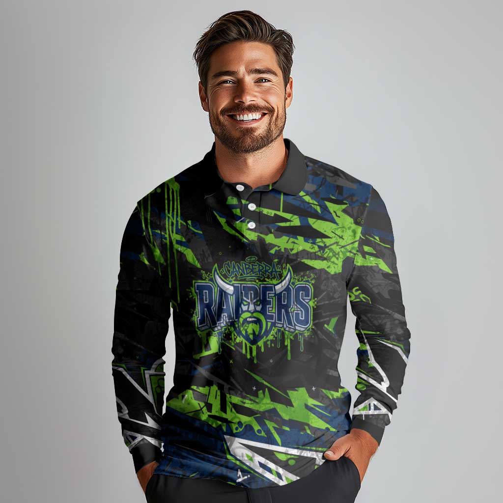 Personalized Canberra Raiders Long Sleeve Polo Shirt Graffiti Grunge Abstract Urban Street Style Design