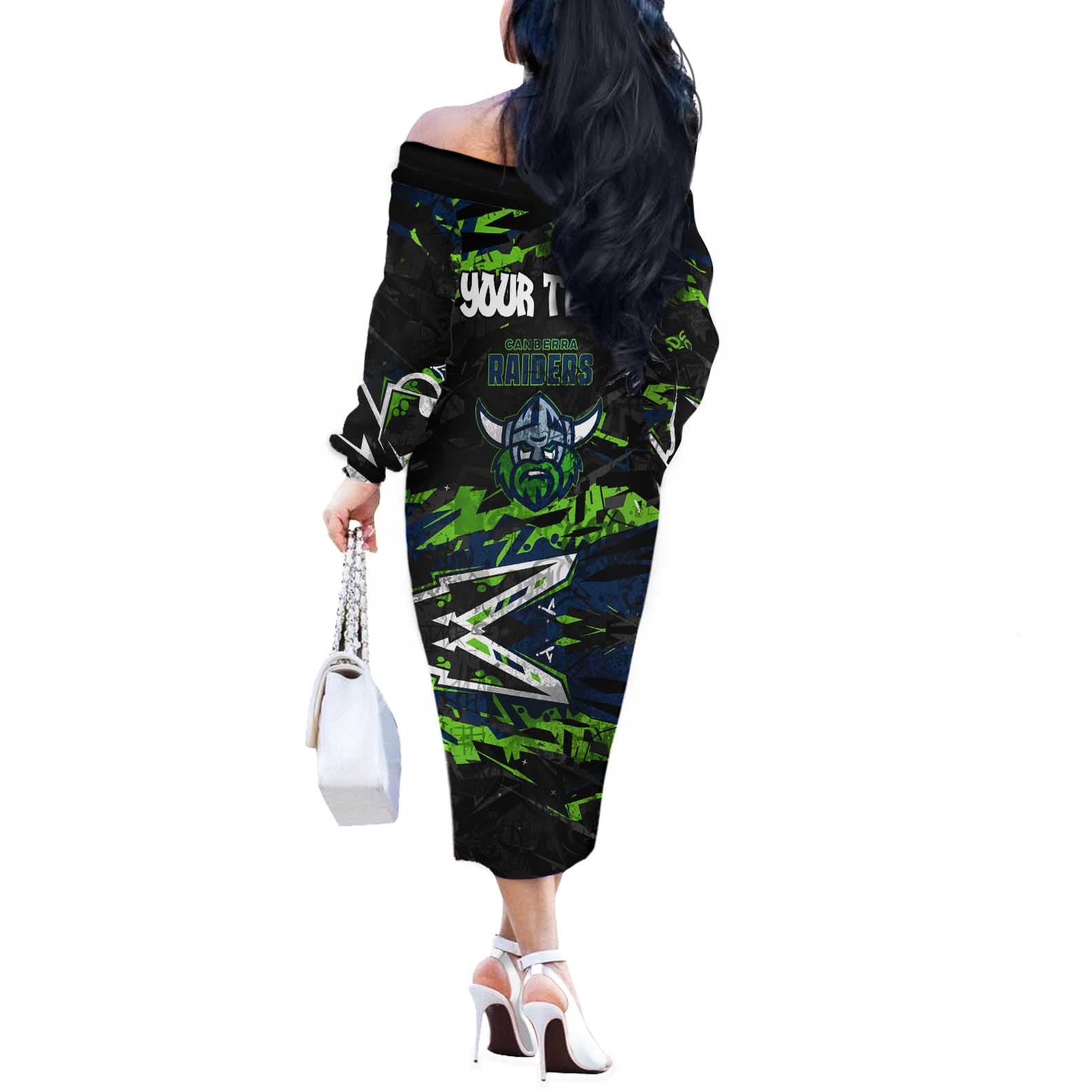 Personalized Canberra Raiders Off The Shoulder Long Sleeve Dress Graffiti Grunge Abstract Urban Street Style Design