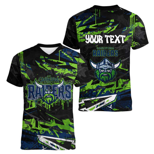 Personalized Canberra Raiders Women V-Neck T-Shirt Graffiti Grunge Abstract Urban Street Style Design