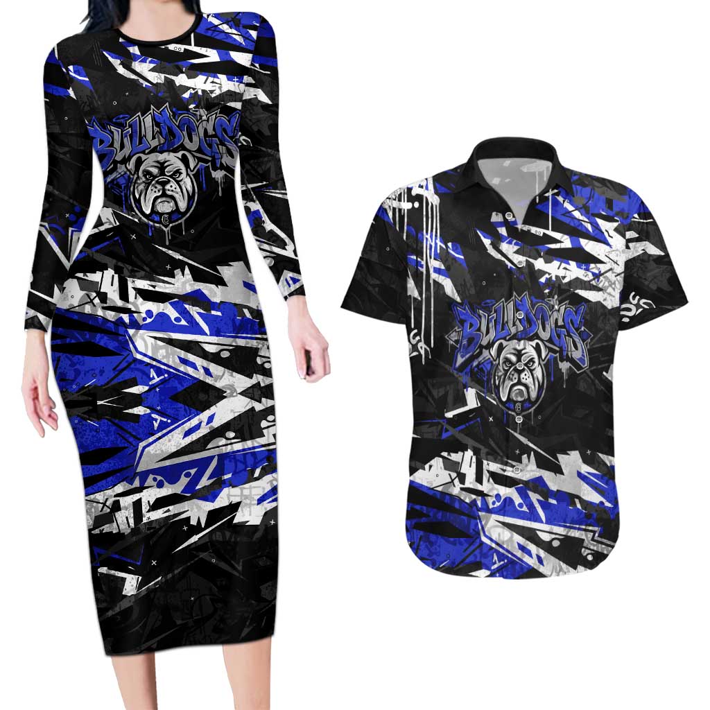 Personalized Canterbury-Bankstown Bulldogs Couples Matching Long Sleeve Bodycon Dress and Hawaiian Shirt Graffiti Grunge Abstract Urban Street Style Design