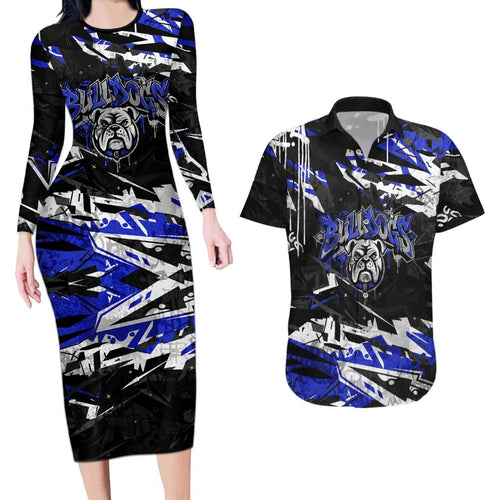 Personalized Canterbury-Bankstown Bulldogs Couples Matching Long Sleeve Bodycon Dress and Hawaiian Shirt Graffiti Grunge Abstract Urban Street Style Design