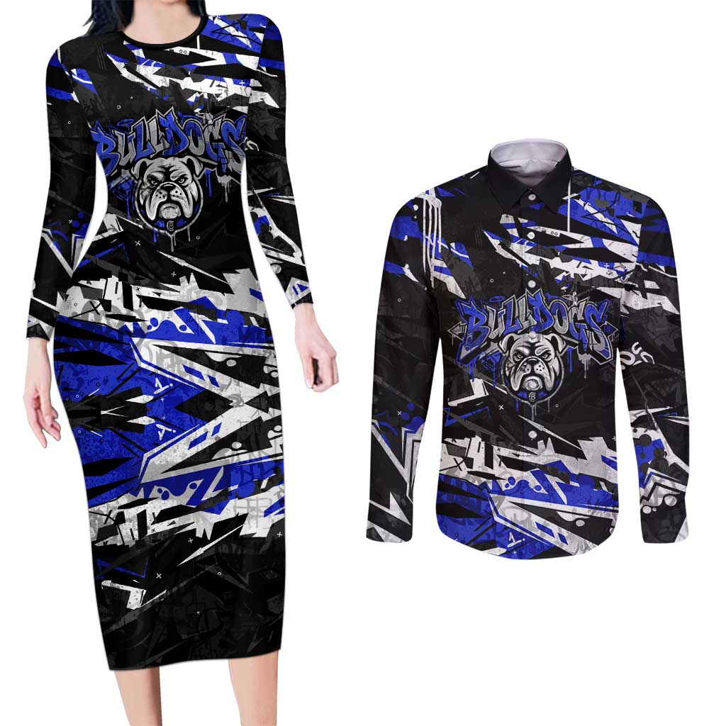 Personalized Canterbury-Bankstown Bulldogs Couples Matching Long Sleeve Bodycon Dress and Long Sleeve Button Shirt Graffiti Grunge Abstract Urban Street Style Design