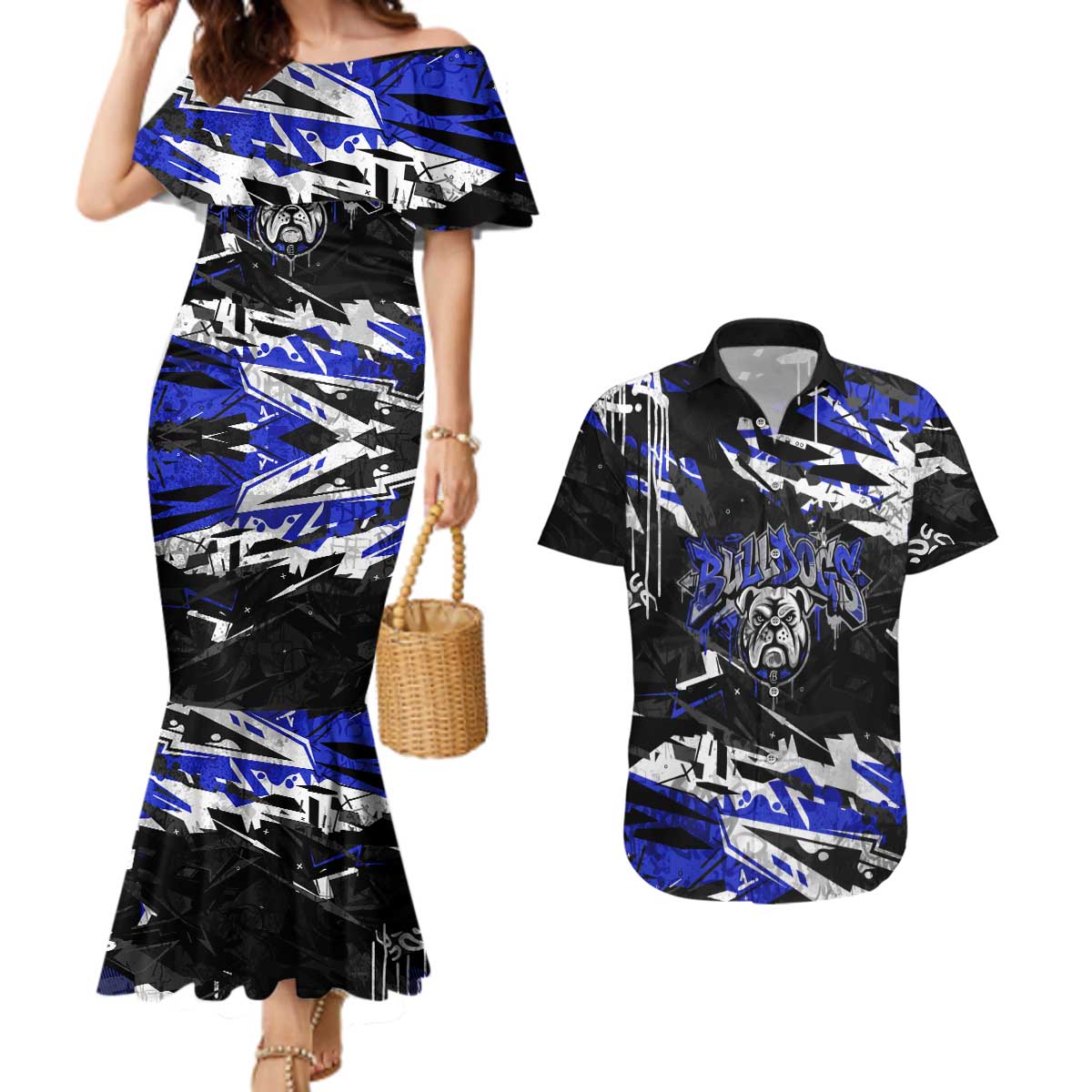 Personalized Canterbury-Bankstown Bulldogs Couples Matching Mermaid Dress and Hawaiian Shirt Graffiti Grunge Abstract Urban Street Style Design