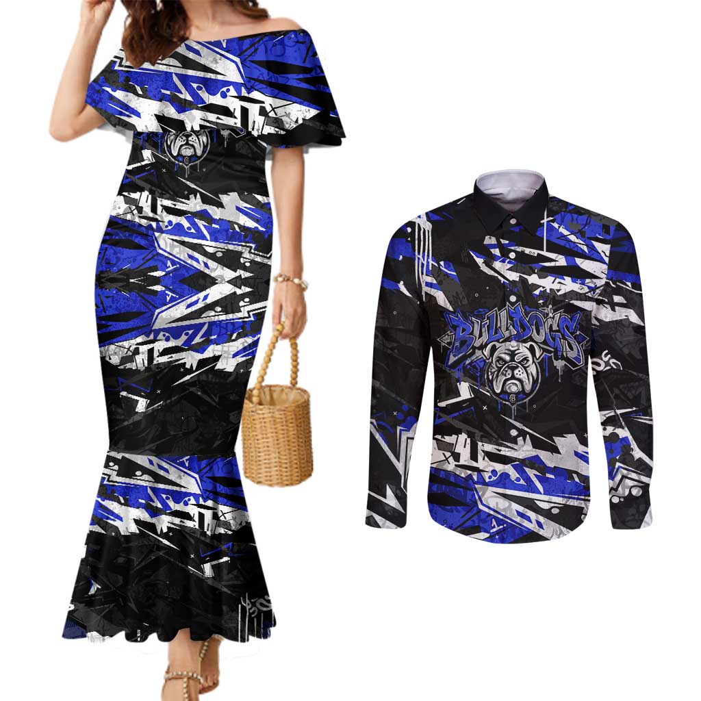 Personalized Canterbury-Bankstown Bulldogs Couples Matching Mermaid Dress and Long Sleeve Button Shirt Graffiti Grunge Abstract Urban Street Style Design