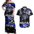 Personalized Canterbury-Bankstown Bulldogs Couples Matching Off Shoulder Maxi Dress and Hawaiian Shirt Graffiti Grunge Abstract Urban Street Style Design