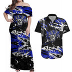 Personalized Canterbury-Bankstown Bulldogs Couples Matching Off Shoulder Maxi Dress and Hawaiian Shirt Graffiti Grunge Abstract Urban Street Style Design