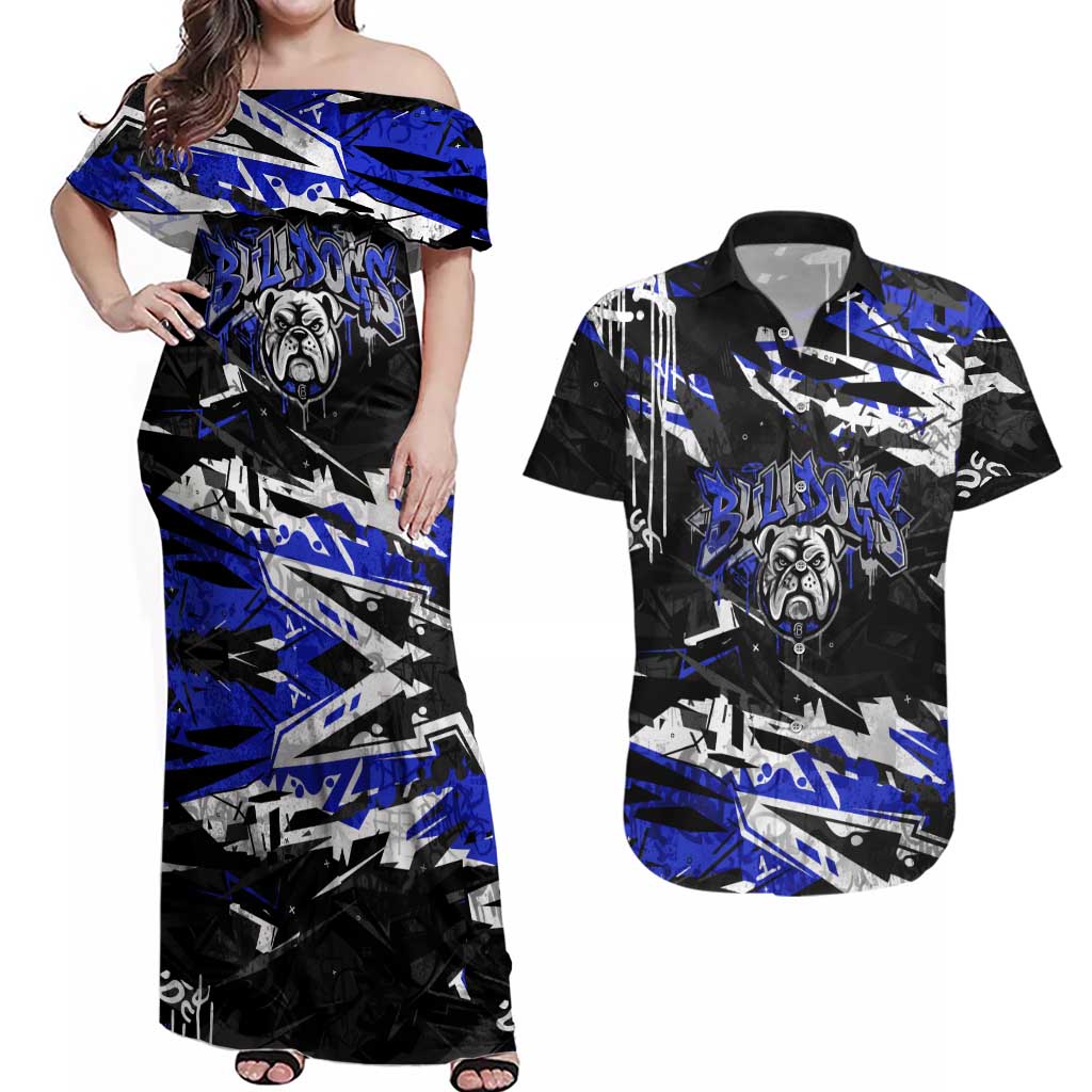 Personalized Canterbury-Bankstown Bulldogs Couples Matching Off Shoulder Maxi Dress and Hawaiian Shirt Graffiti Grunge Abstract Urban Street Style Design