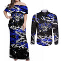 Personalized Canterbury-Bankstown Bulldogs Couples Matching Off Shoulder Maxi Dress and Long Sleeve Button Shirt Graffiti Grunge Abstract Urban Street Style Design