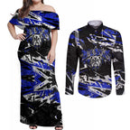 Personalized Canterbury-Bankstown Bulldogs Couples Matching Off Shoulder Maxi Dress and Long Sleeve Button Shirt Graffiti Grunge Abstract Urban Street Style Design