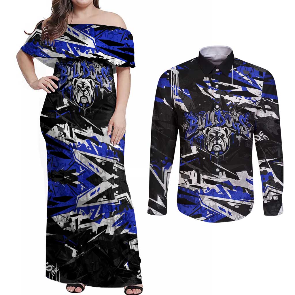 Personalized Canterbury-Bankstown Bulldogs Couples Matching Off Shoulder Maxi Dress and Long Sleeve Button Shirt Graffiti Grunge Abstract Urban Street Style Design