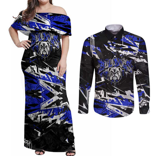 Personalized Canterbury-Bankstown Bulldogs Couples Matching Off Shoulder Maxi Dress and Long Sleeve Button Shirt Graffiti Grunge Abstract Urban Street Style Design