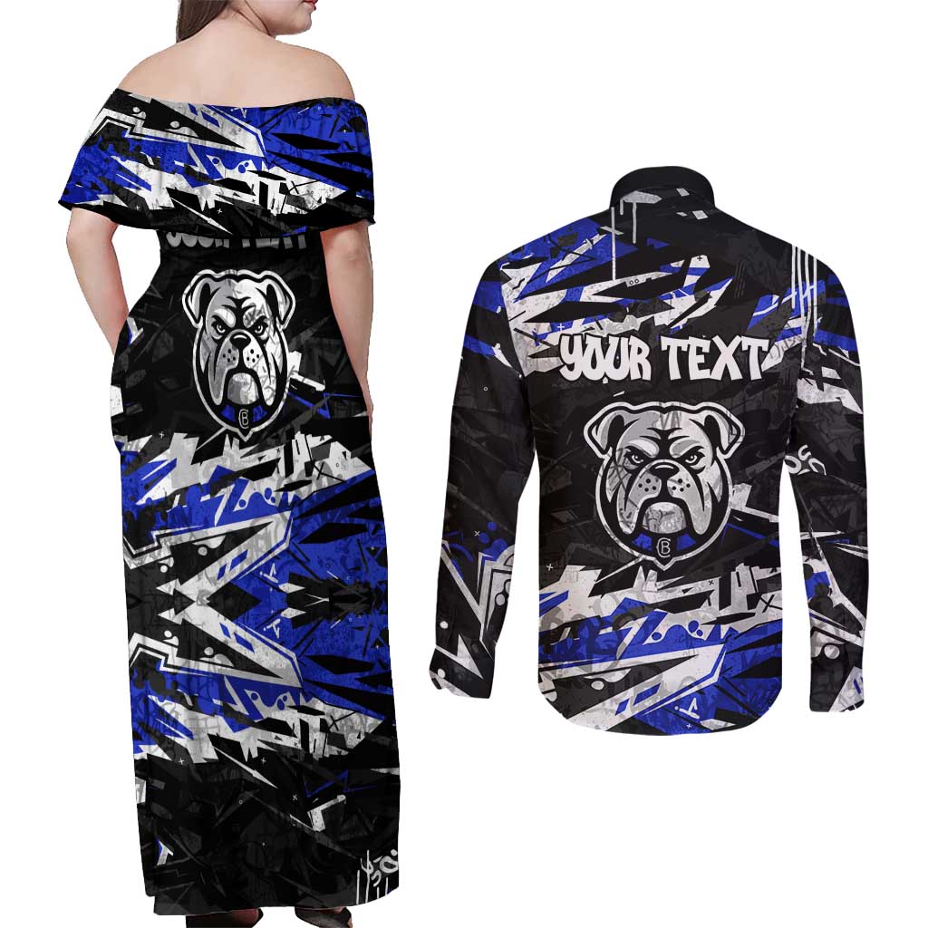 Personalized Canterbury-Bankstown Bulldogs Couples Matching Off Shoulder Maxi Dress and Long Sleeve Button Shirt Graffiti Grunge Abstract Urban Street Style Design