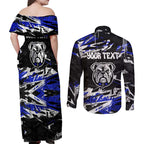 Personalized Canterbury-Bankstown Bulldogs Couples Matching Off Shoulder Maxi Dress and Long Sleeve Button Shirt Graffiti Grunge Abstract Urban Street Style Design