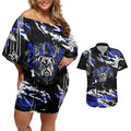 Personalized Canterbury-Bankstown Bulldogs Couples Matching Off Shoulder Short Dress and Hawaiian Shirt Graffiti Grunge Abstract Urban Street Style Design