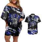 Personalized Canterbury-Bankstown Bulldogs Couples Matching Off Shoulder Short Dress and Hawaiian Shirt Graffiti Grunge Abstract Urban Street Style Design