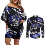 Personalized Canterbury-Bankstown Bulldogs Couples Matching Off Shoulder Short Dress and Long Sleeve Button Shirt Graffiti Grunge Abstract Urban Street Style Design