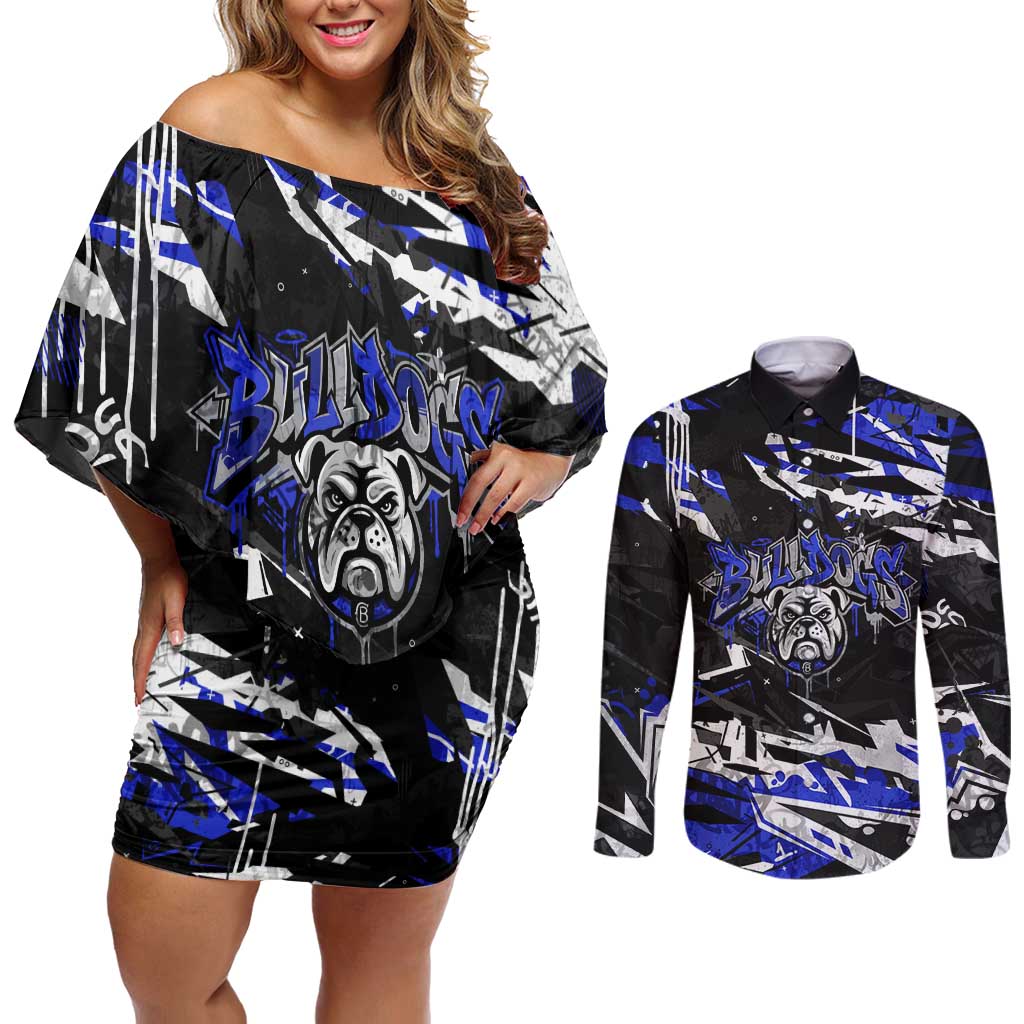 Personalized Canterbury-Bankstown Bulldogs Couples Matching Off Shoulder Short Dress and Long Sleeve Button Shirt Graffiti Grunge Abstract Urban Street Style Design